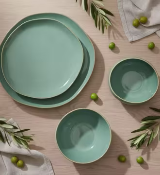 16-Piece AQUA Emerald Minimalist Bali Stoneware Wedding Set 4 Reactive Colors Dishwasher Microwave Safe Irregular Shape