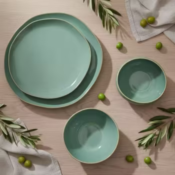 16-Piece AQUA Emerald Minimalist Bali Stoneware Wedding Set 4 Reactive Colors Dishwasher Microwave Safe Irregular Shape